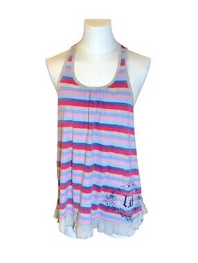 L.E.I  Vintage Y2K Gray Multicolor Stripes Racerback Tank Top & Logo Size Large